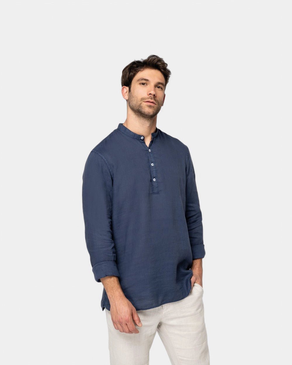 Washed Mao Collar Shirt for Men - Customizable
