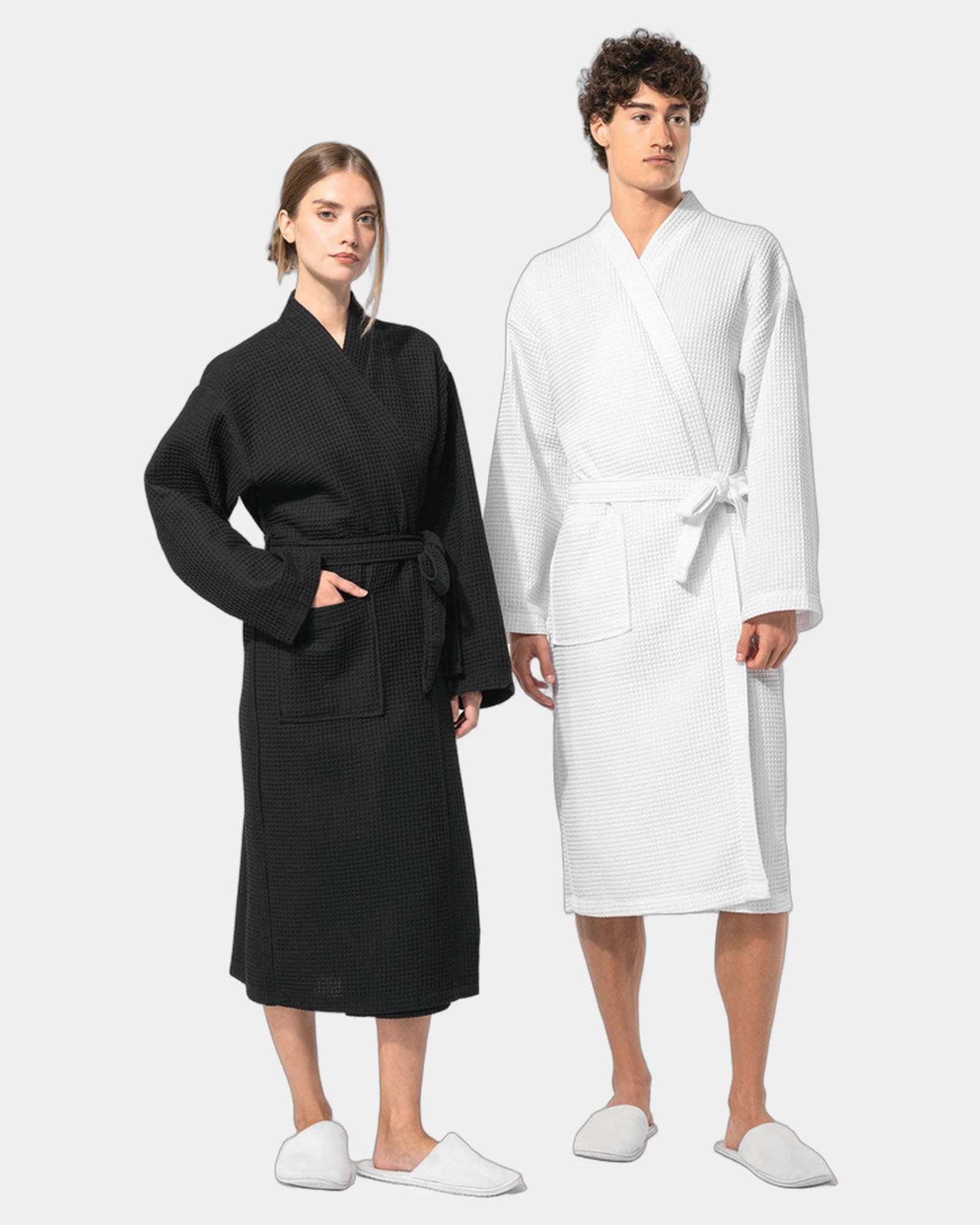 Custom cotton waffle kimono robe with pockets - 3