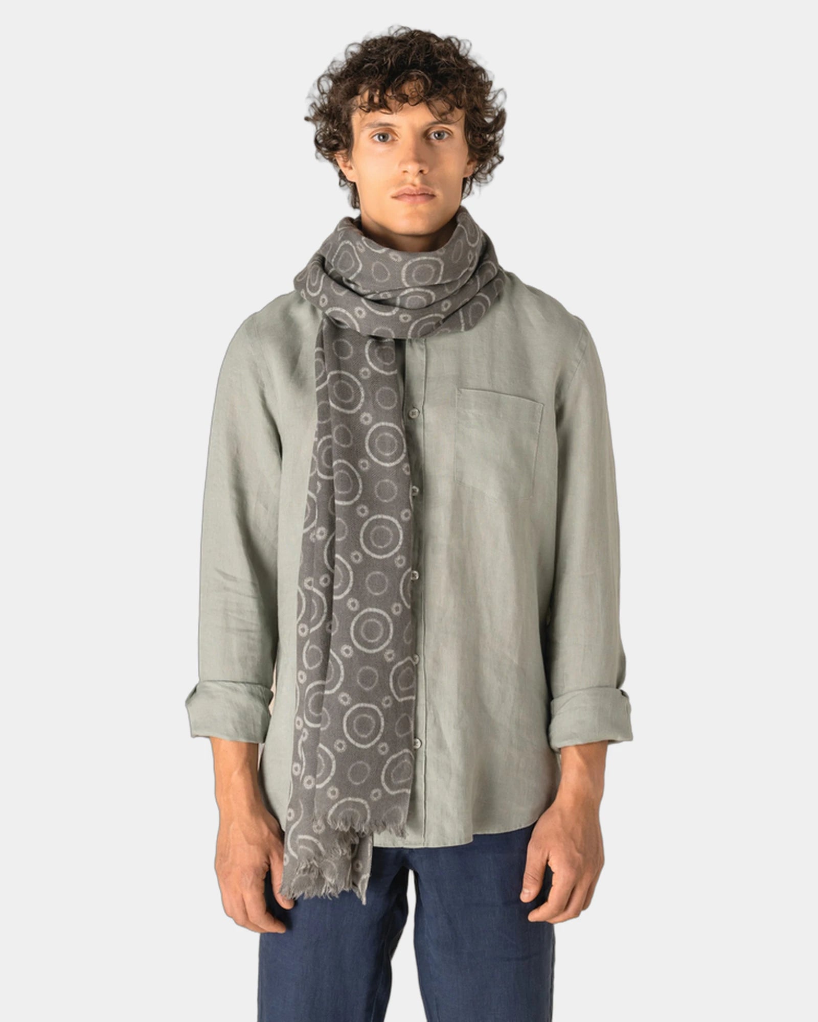 Custom wool woven scarf with fringed circle pattern - 1