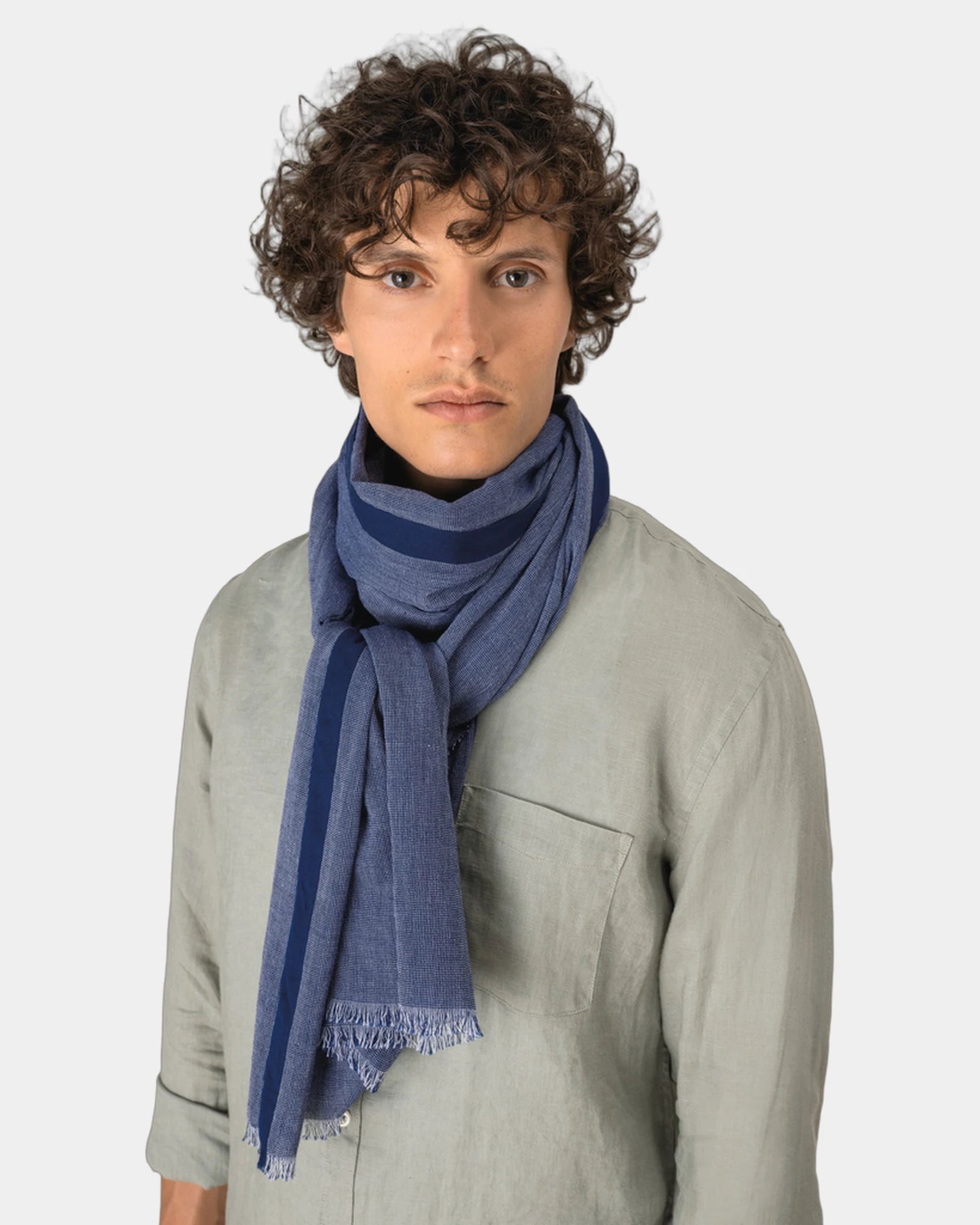 Custom cotton chambray scarf with woven fringes - 2